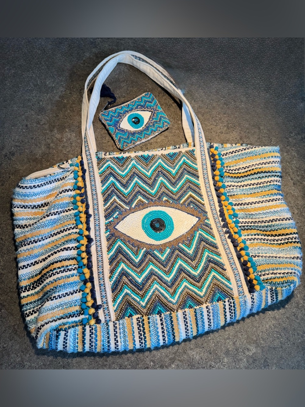 America Beyond Beaded Evil Eye Large Beach Tote with Coin Purse Grecian Nights